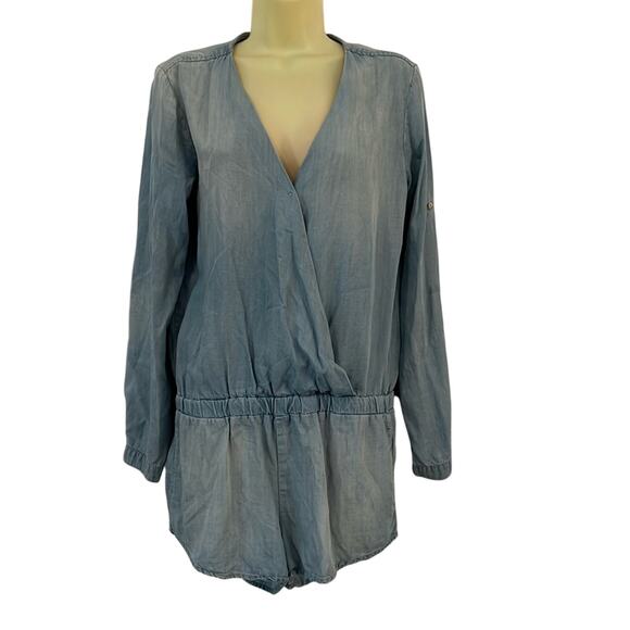 Anthropologie Cloth & Stone chambray romper Woman’s Size S Convertible Sleeve - Picture 2 of 16